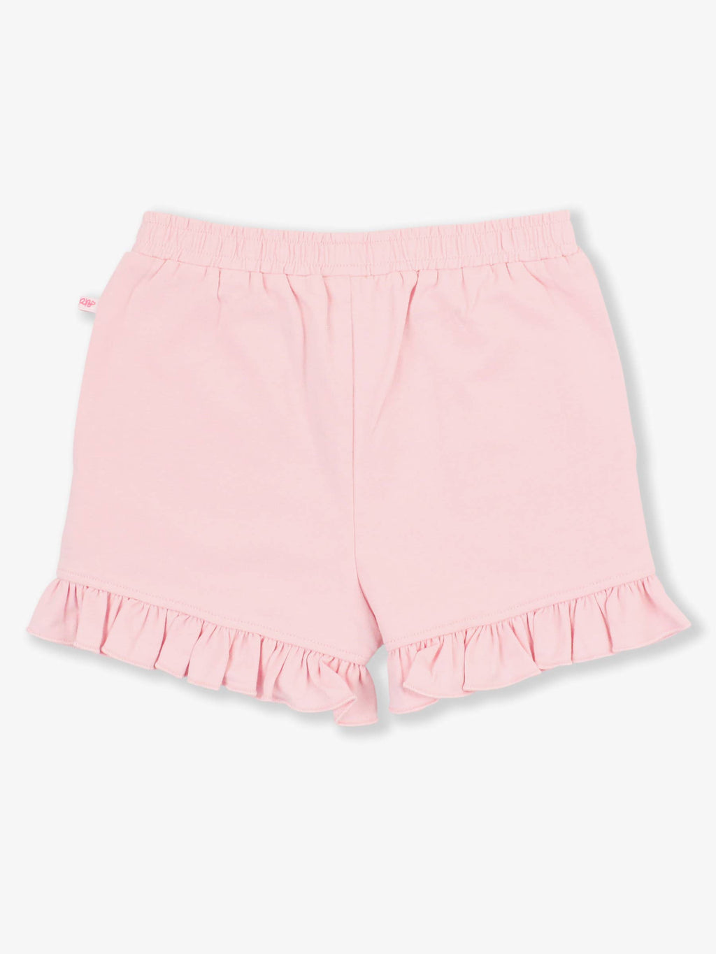 RuffleButts + RuggedButts - Girls Pink Knit Ruffle Trim Shorts: Pink, soft knit fabric with elastic waistband and delicate ruffle trim, perfect for stylish kids clothing in a curated children’s boutique.
