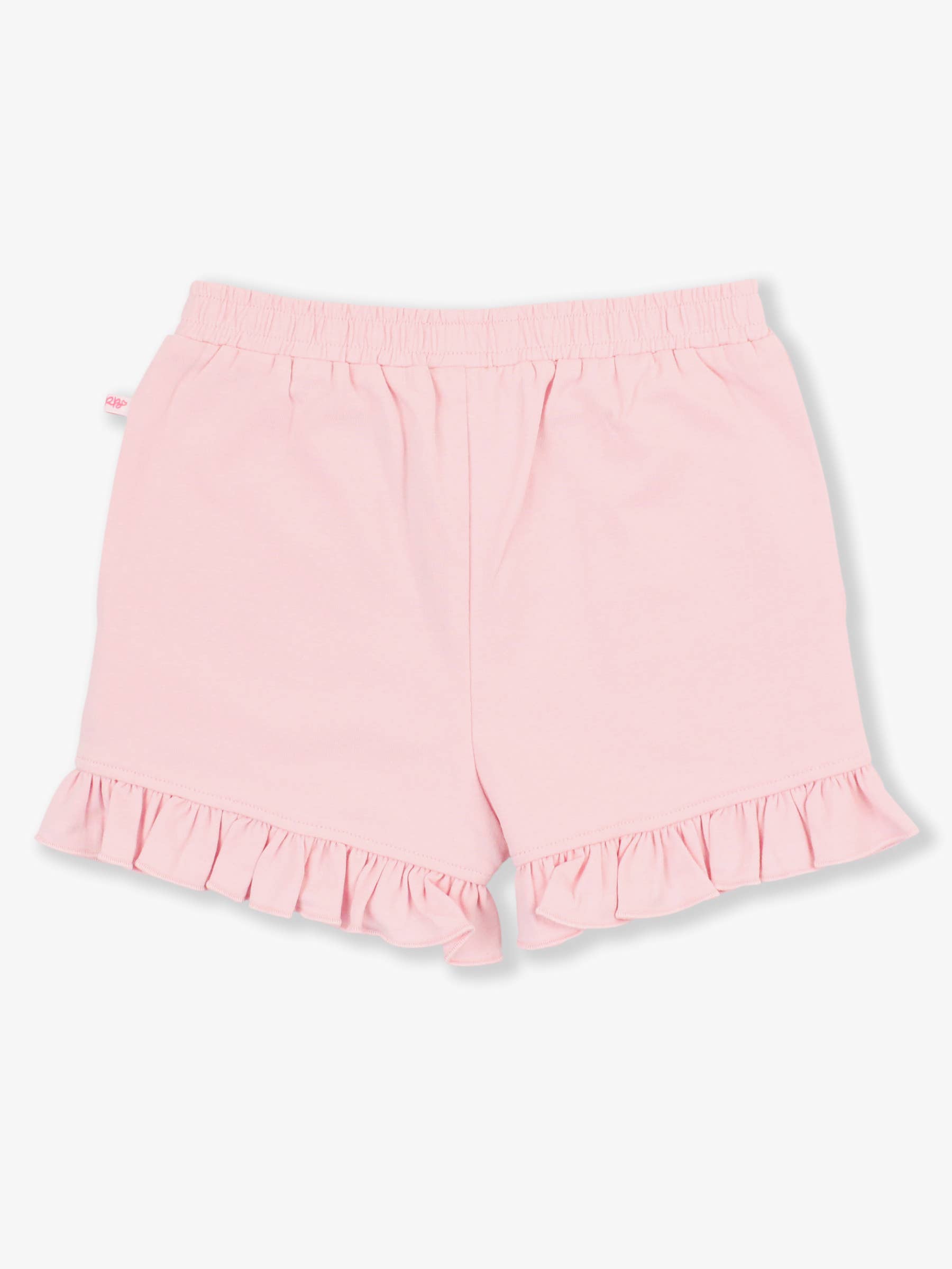 RuffleButts + RuggedButts - Girls Pink Knit Ruffle Trim Shorts: Pink, soft knit fabric with elastic waistband and delicate ruffle trim, perfect for stylish kids clothing in a curated children’s boutique.