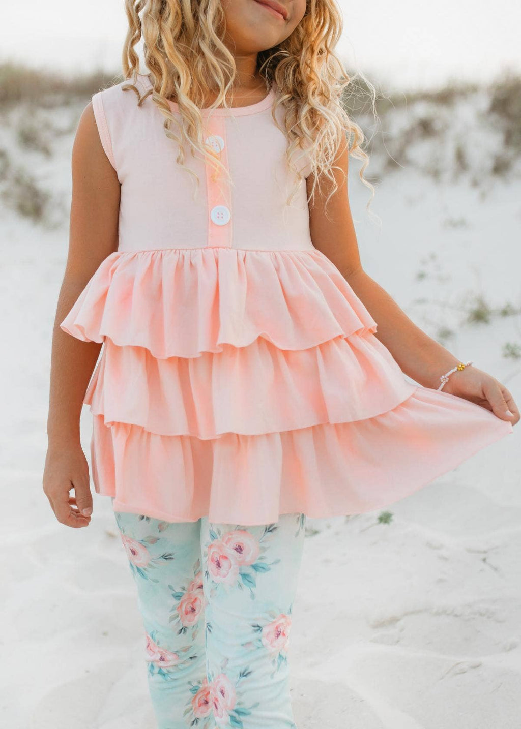 Adorable Sweetness - Kids Peach Teal Floral Tiered Ruffle Button Spring Set