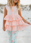 Adorable Sweetness - Kids Peach Teal Floral Tiered Ruffle Button Spring Set