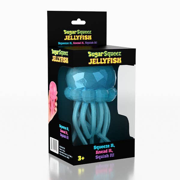 Packaged blue jellyfish toy with 'Sugar Squeeze Jellyfish' branding on a white background