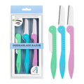Set of three retractable Lindo - Lindo Dermablade Razor – Multi-Purpose - 3pcs/pk with mint green, blue, and pink handles for gentle exfoliation and flawless hair removal.