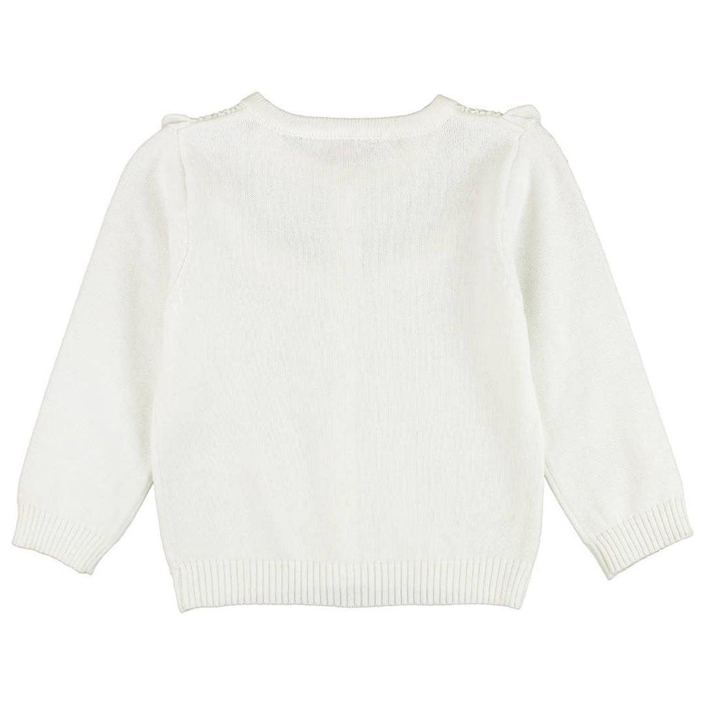 RuffleButts + RuggedButts - Girls Off-White Sweater Knit Ruffle Trim Cardigan: White / 12-18m