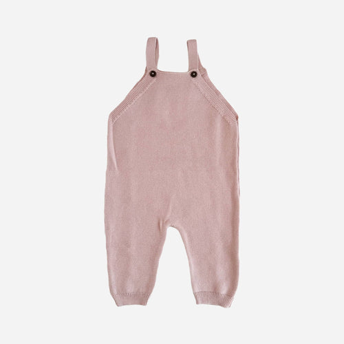 The Blueberry Hill - Overalls Blush Baby Gift Embroidery Blanks Spring Summer soft blush pink knitted baby overalls with shoulder straps and button details, perfect for stylish kids clothing and cozy baby essentials.