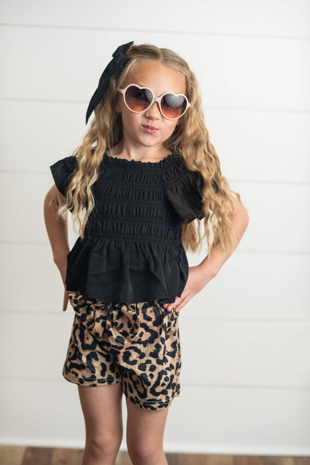 Adorable Sweetness - Girls Black Shirred Top & Leopard Print Bow Spring Short Set
