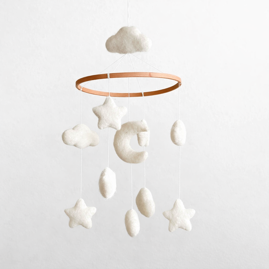 Mobile - Felt Baby - Moon & Stars with soft, neutral-colored felt clouds, stars, and crescent moon hanging from a wooden hoop, perfect for a cozy baby nursery.