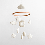 Mobile - Felt Baby - Moon & Stars with soft, neutral-colored felt clouds, stars, and crescent moon hanging from a wooden hoop, perfect for a cozy baby nursery.
