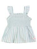 RuffleButts + RuggedButts - Girls Retro Stripe Smocked Tank Top: Brown in soft breathable fabric with smocked bodice and ruffled straps, perfect stylish kids clothing from curated children’s boutique.