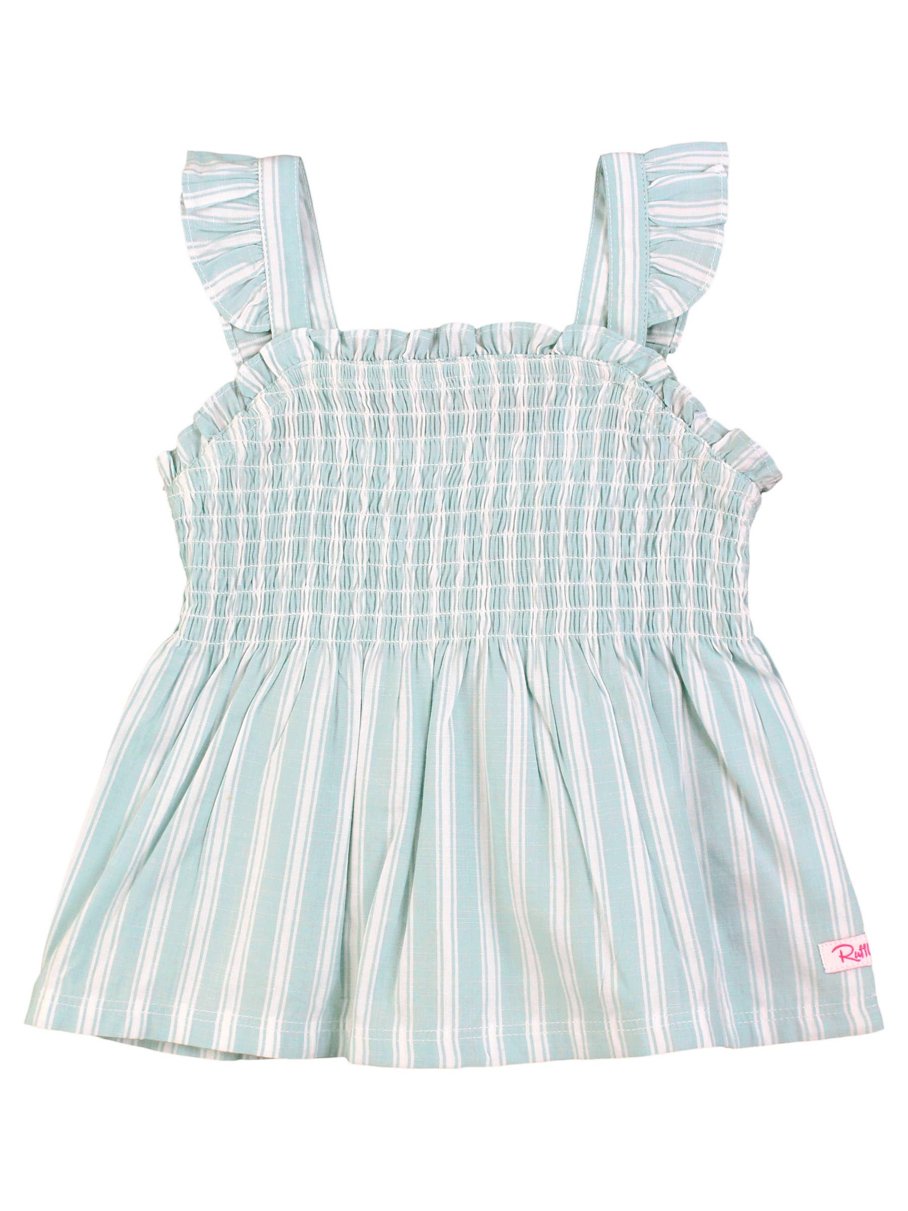 RuffleButts + RuggedButts - Girls Retro Stripe Smocked Tank Top: Brown / 18-24m