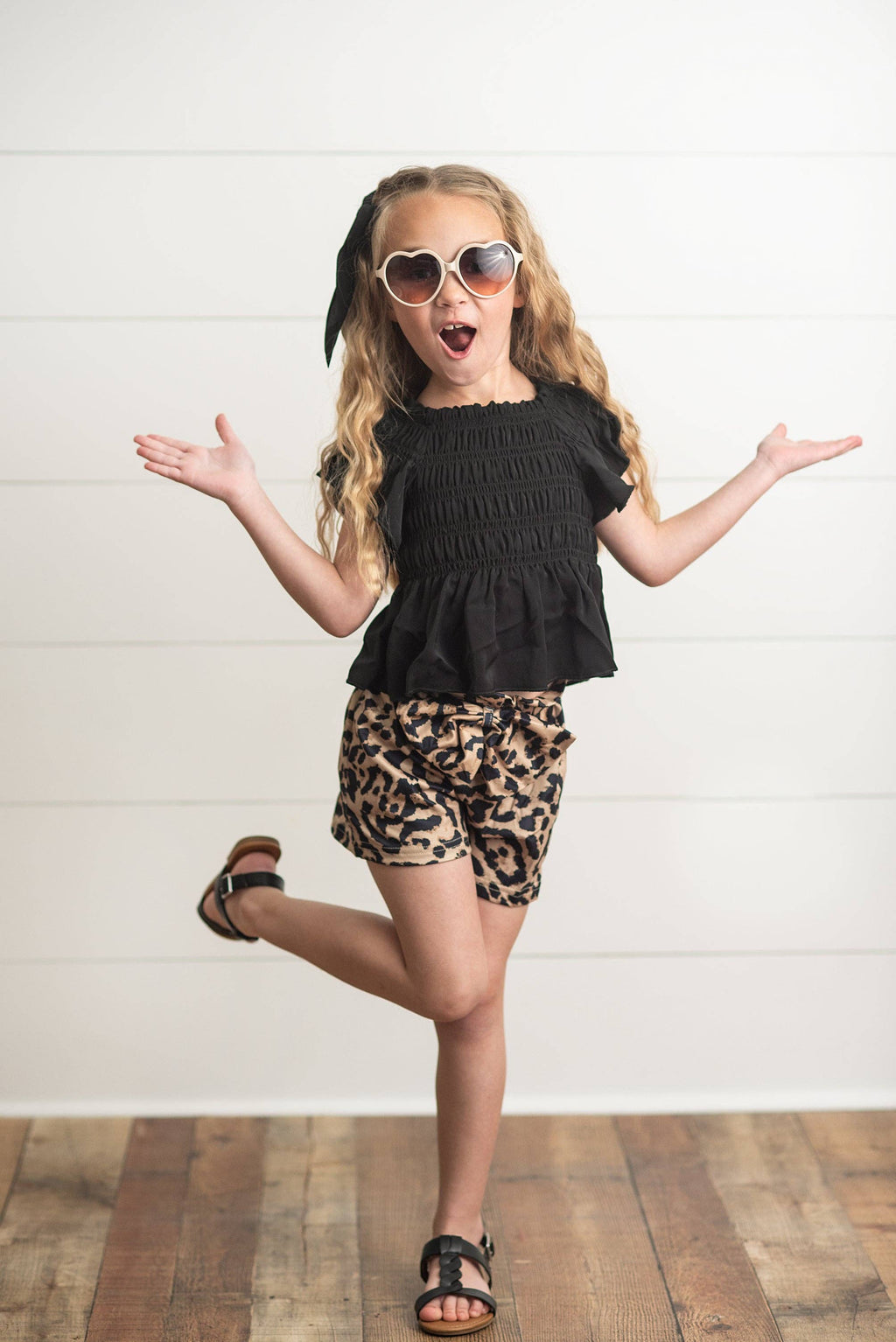 Adorable Sweetness - Girls Black Shirred Top & Leopard Print Bow Spring Short Set