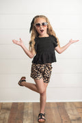 Adorable Sweetness - Girls Black Shirred Top & Leopard Print Bow Spring Short Set