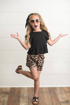 Adorable Sweetness - Girls Black Shirred Top & Leopard Print Bow Spring Short Set