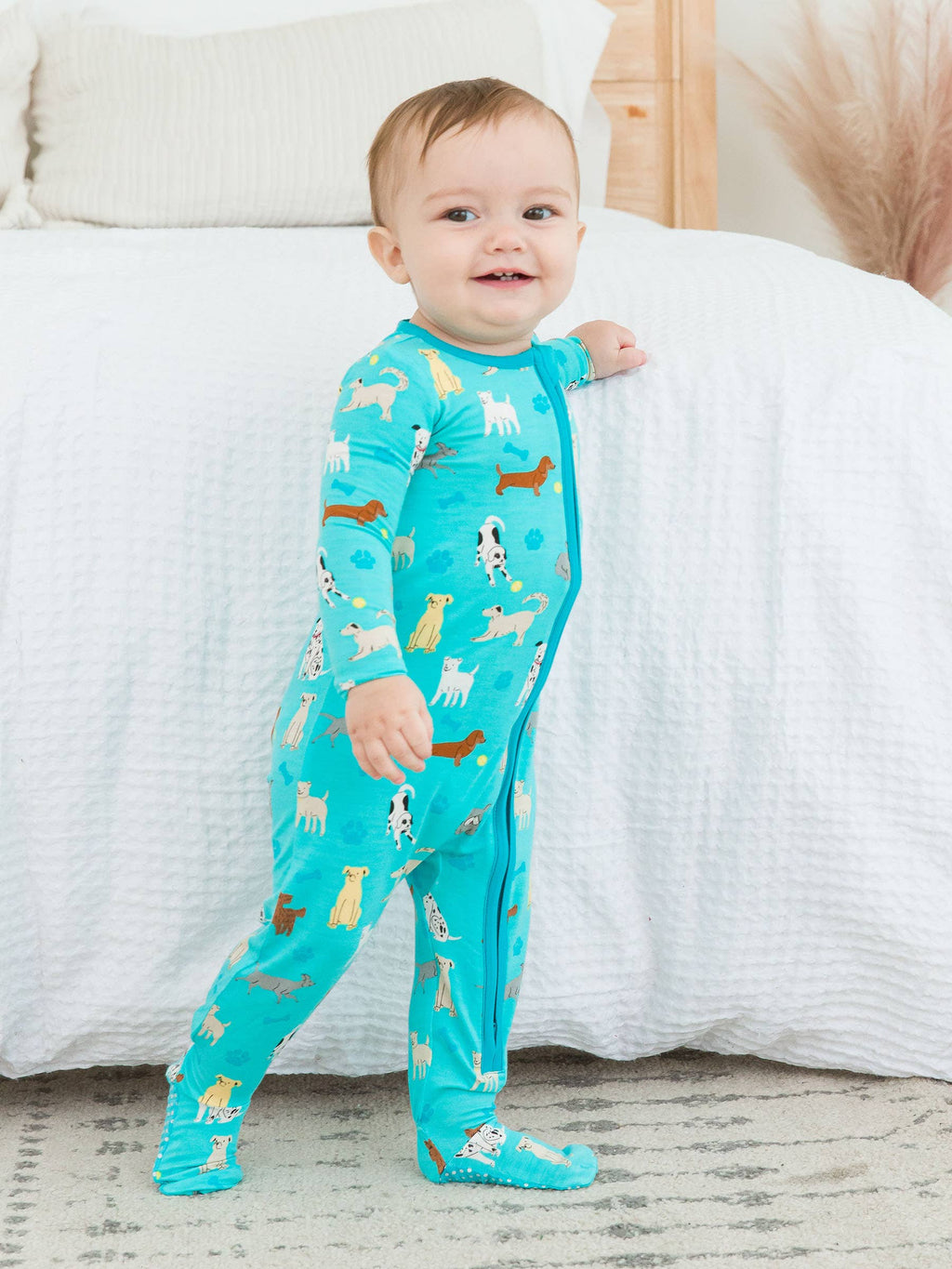 RuffleButts + RuggedButts - SoftSnooze™ Baby Boys Bamboo Viscose Puppy Playtime Footed One Piece Pajama
: Blue / 3-6m