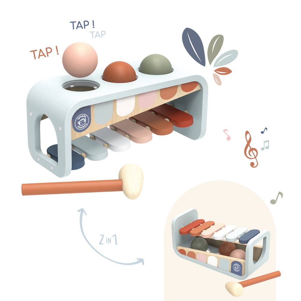 Speedy Monkey - Xylo Bench wooden 2-in-1 musical toy featuring soft pastel colors, combining a xylophone and ball drop for imaginative play and sensory learning.