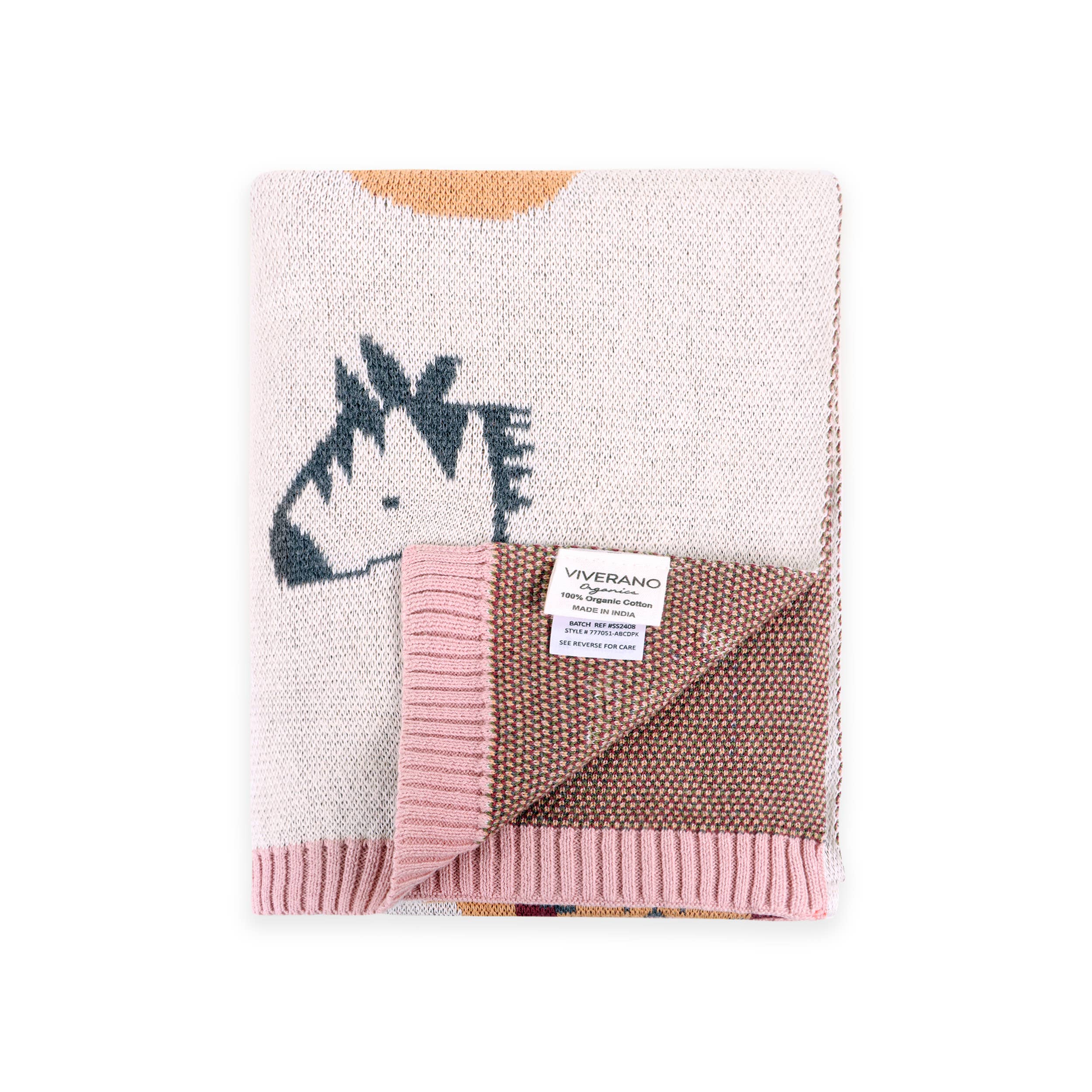 Viverano Organics - Alphabet Blush - Organic Jacquard Sweater Knit Baby Blanket: Natural/Pink / One Size