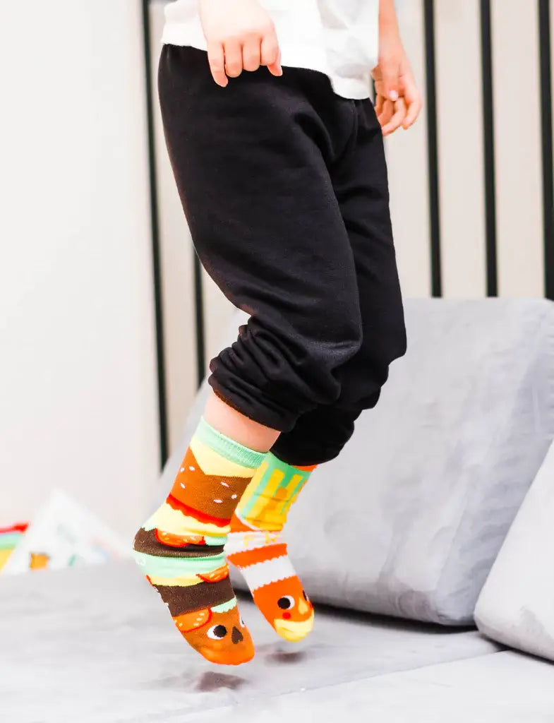 Pals Socks - Burger & Fries - Fun Mismatched Non-Slip Socks for Kids: Ages 9-12