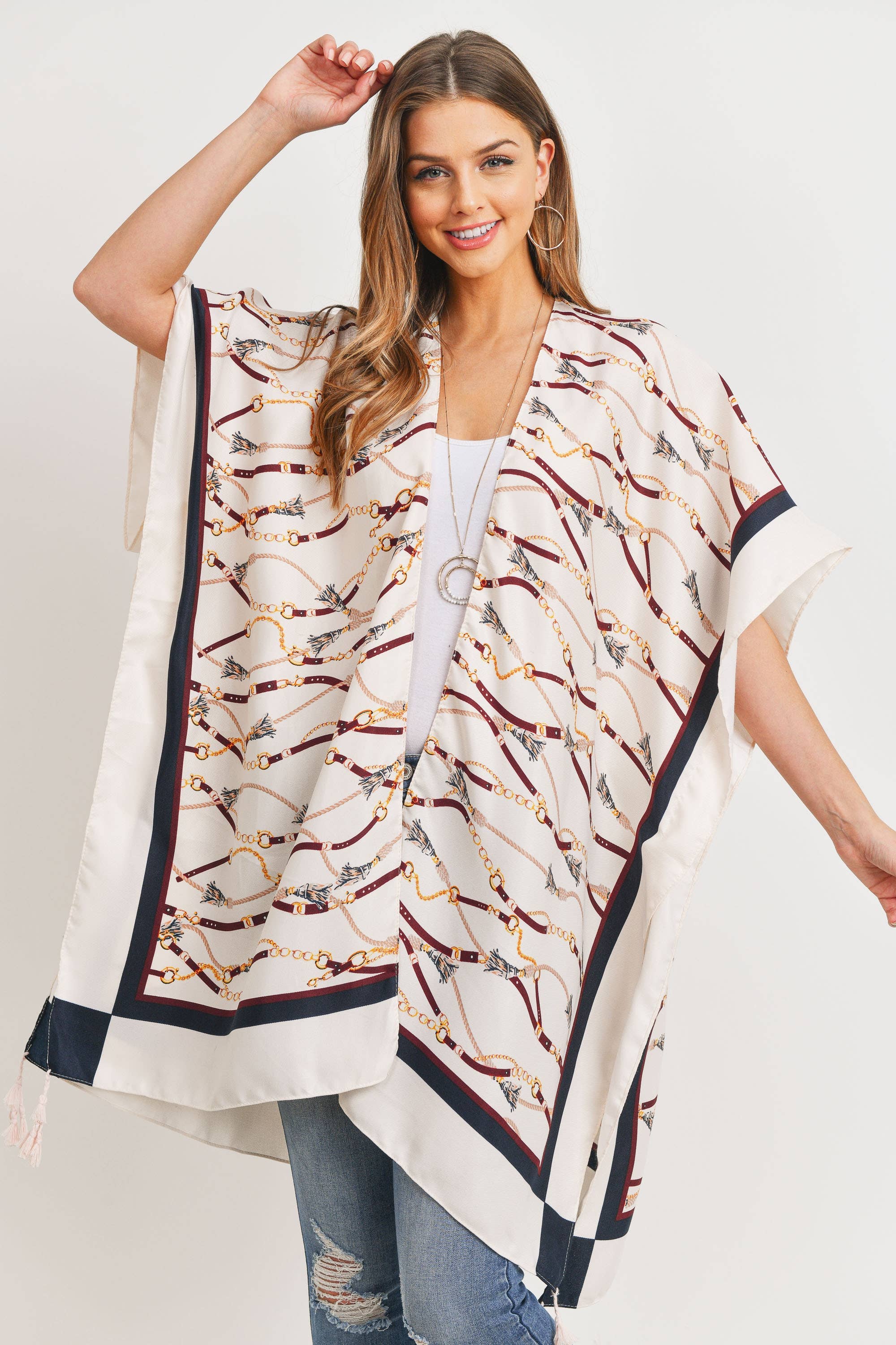 Love and Repeat - TASSEL LINE PRINTED OPEN FRONT KIMONO: MULTI