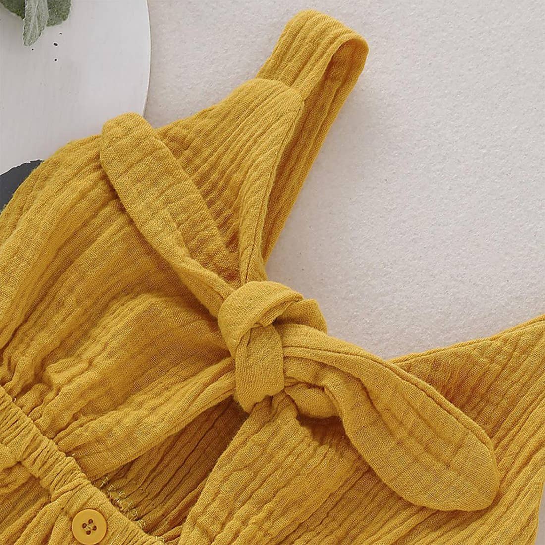 Fennco Styles - Front Tie Bowknot Gauze Cotton Girl Dress: Mustard / 4-5T