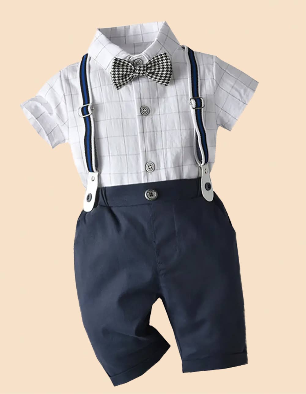 Fennco Styles - White & Navy Plaid Bowtie 3pcs Boy Outfit: 2-3T