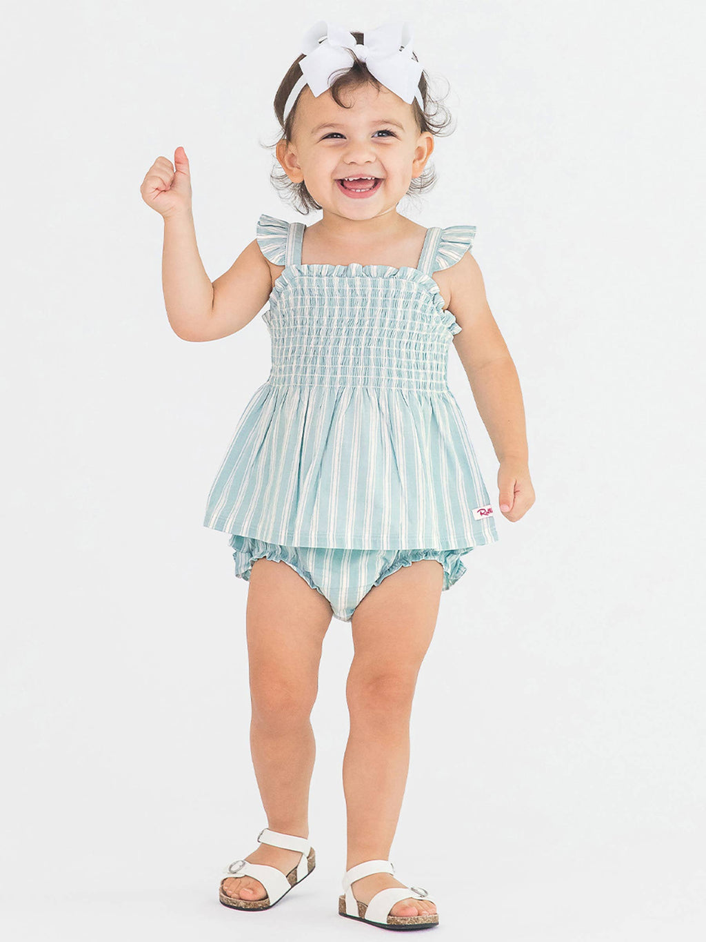 RuffleButts + RuggedButts - Girls Retro Stripe Smocked Tank Top: Brown / 18-24m