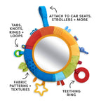 Rainbow Discovery Mirror featuring a colorful fabric frame with tabs, knots, loops, and a teething ring, designed to attach to car seats and strollers for engaging sensory play.