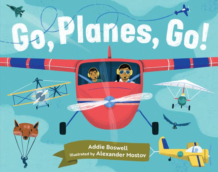 Cover of the "Go, Planes, Go! Board Book" showing colorful illustrations of various airplanes and a red plane with two pilots, set against a blue sky background.