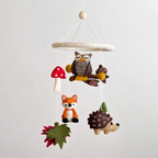 Mobile - Felt Baby - Forest Friends featuring handcrafted felt woodland animals including an owl, fox, hedgehog, mushroom, pinecone, and leaf, perfect for nursery decor.