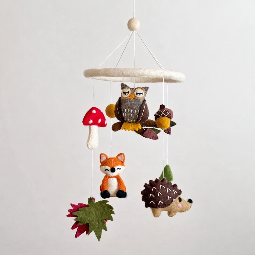 Mobile - Felt Baby - Forest Friends featuring handcrafted felt woodland animals including an owl, fox, hedgehog, mushroom, pinecone, and leaf, perfect for nursery decor.