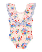 RuffleButts + RuggedButts - Girls Coastal Breeze Floral Bow V-Back One Piece Swimsuit: Pink / 18-24m