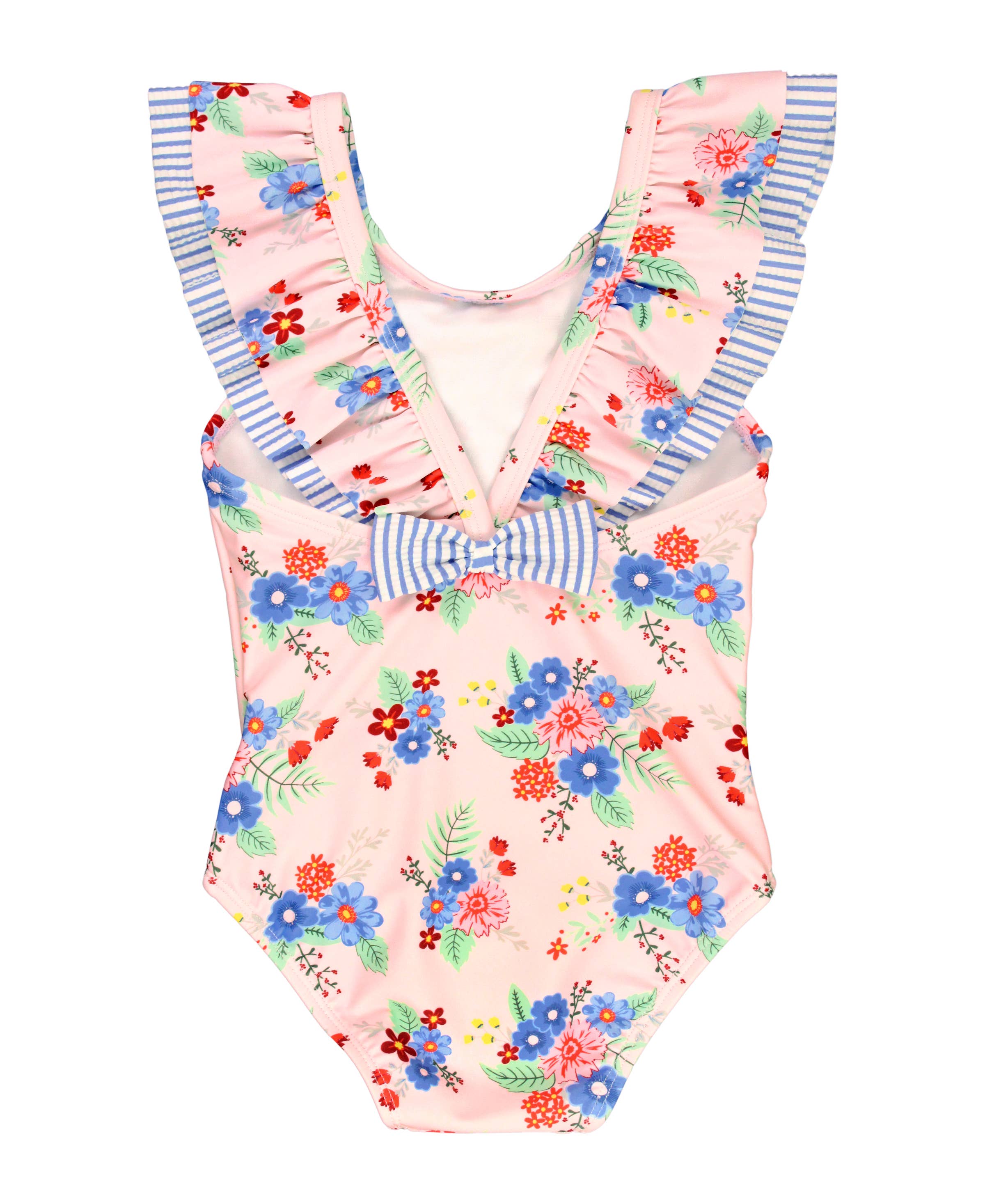 RuffleButts + RuggedButts - Girls Coastal Breeze Floral Bow V-Back One Piece Swimsuit: Pink / 18-24m