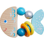 Rattlefish Wooden Baby Rattle featuring colorful beads and rings shaped like a fish, designed for sensory play and safe, stylish baby accessories from a curated children’s boutique.