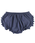 RuffleButts + RuggedButts - Baby Girls Faux Denim Knit RuffleButt Bloomer: Blue, soft faux denim knit baby bloomer with ruffle details, perfect for stylish kids clothing.
