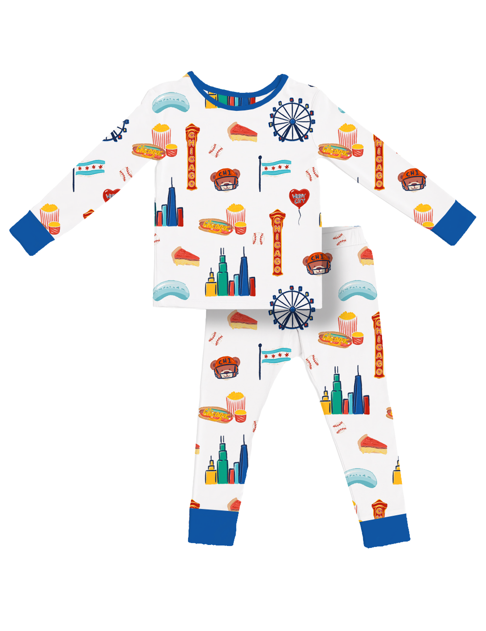 Two-Piece Pajamas - Bamboo - Blue Chicago featuring colorful Chicago-themed icons on a white background with blue cuffs and neckline, soft breathable fabric for cozy bedtime comfort.