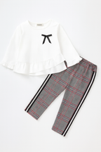 Fennco Styles - Ruffle Layered Blouse & Grey Tartan Pant 2pcs Girl Outfit: 1-2T