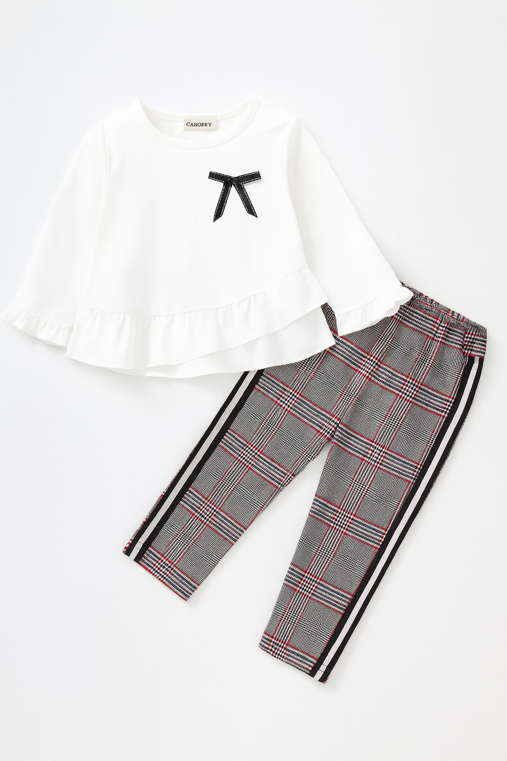 Fennco Styles - Ruffle Layered Blouse & Grey Tartan Pant 2pcs Girl Outfit: 2-3T