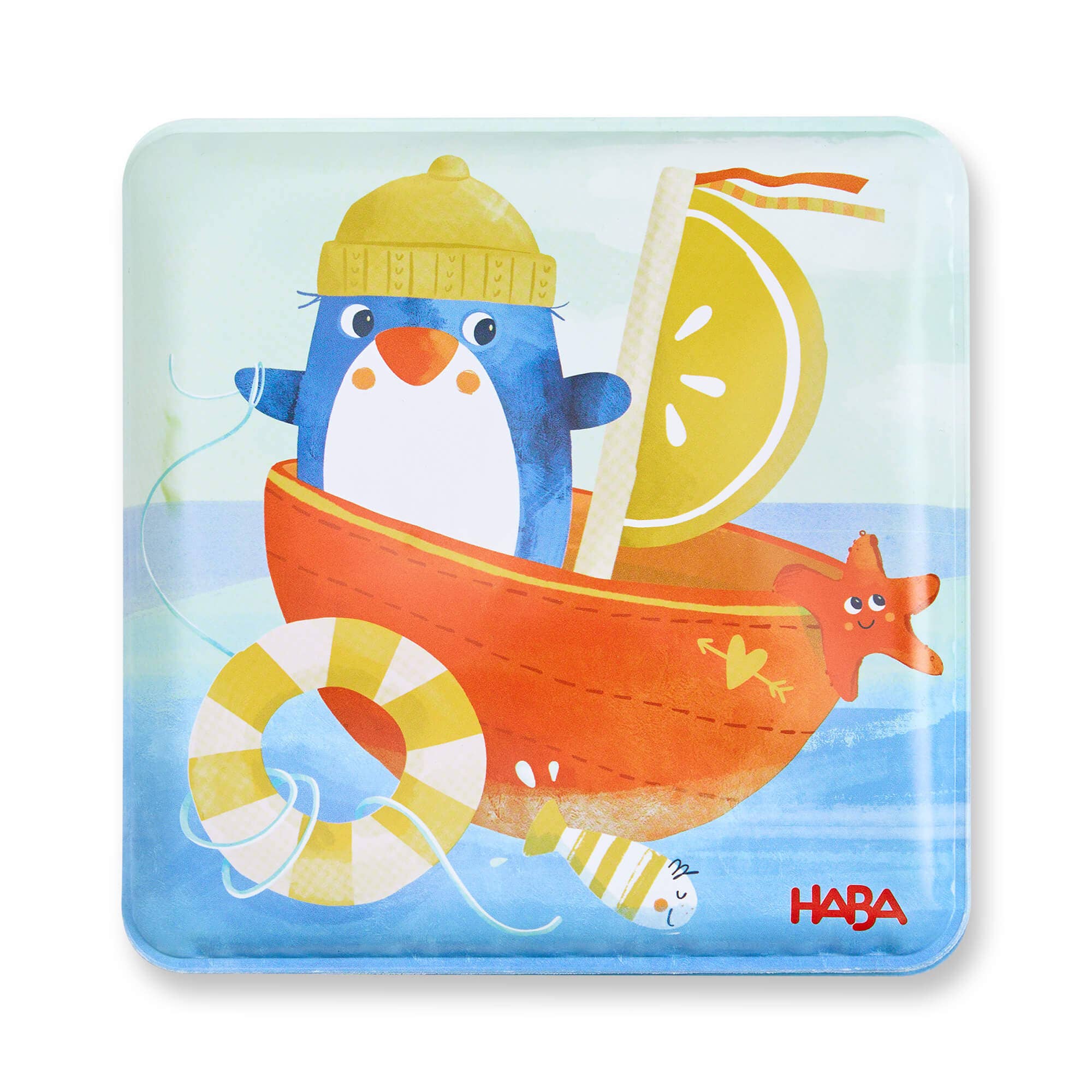 Illustration from the Penguin Bath Book with Squeaker showing a cute penguin wearing a yellow hat sailing in an orange boat with a lemon slice sail and a smiling starfish in blue water.