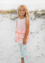 Adorable Sweetness - Kids Peach Teal Floral Tiered Ruffle Button Spring Set