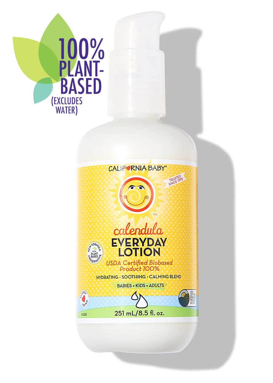 California Baby - Calendula™ Everyday Lotion in a white pump bottle with yellow label featuring a smiling sun, labeled as 100% plant-based and USDA certified biobased, designed for babies, kids, and adults.