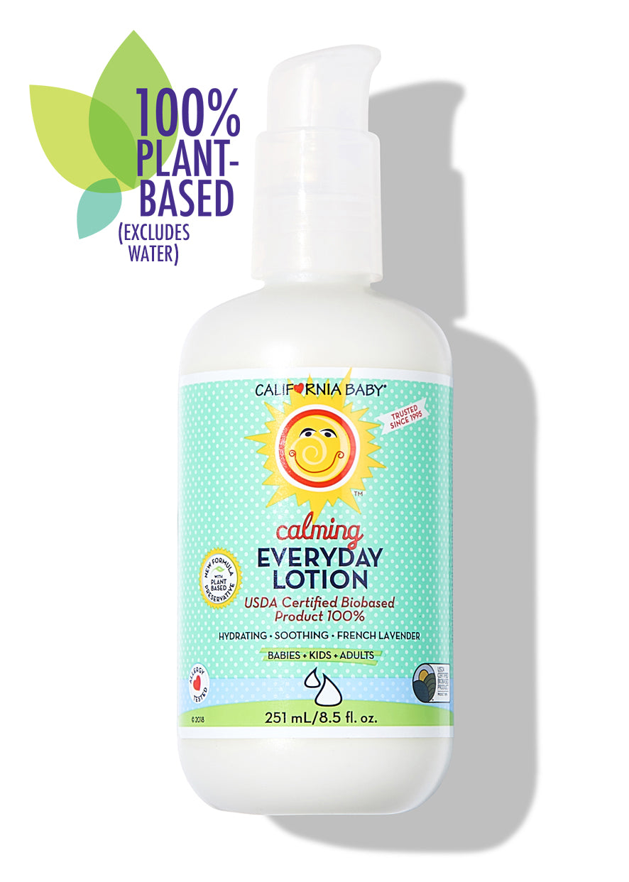 California Baby - Calming™ Everyday Lotion bottle with a pump dispenser, featuring 100% plant-based ingredients for gentle hydration and soothing comfort for babies, kids, and adults.