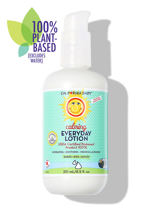 California Baby - Calming™ Everyday Lotion bottle with a pump dispenser, featuring 100% plant-based ingredients for gentle hydration and soothing comfort for babies, kids, and adults.