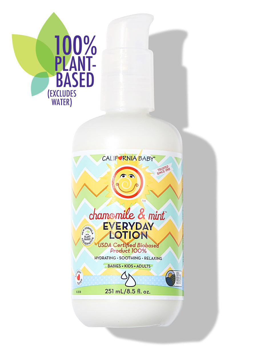 Bottle of California Baby - Chamomile & Mint™ Everyday Lotion with a pump, featuring colorful, nature-inspired packaging and a 100 percent plant-based label for soothing baby and kid skin.