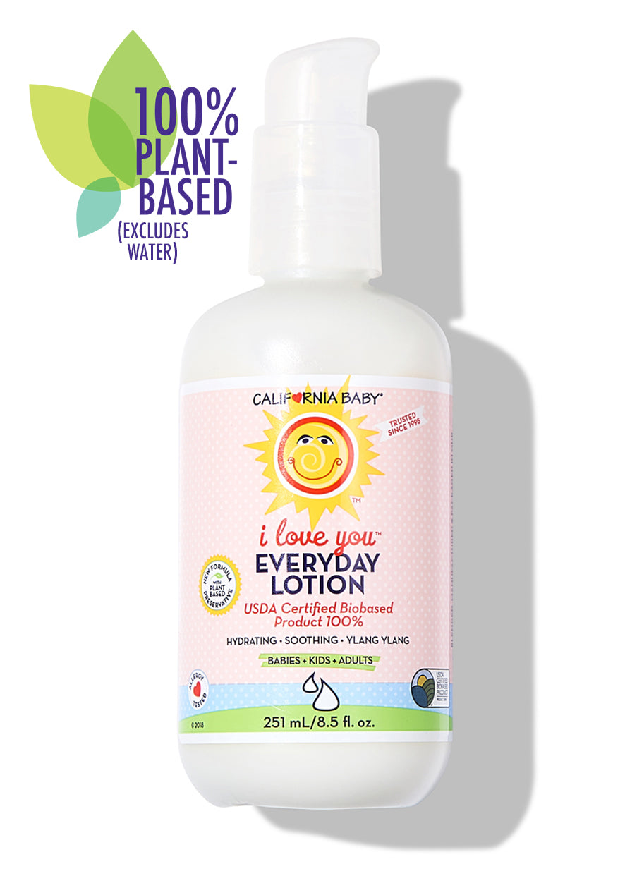 Bottle of California Baby - I Love You™ Everyday Lotion with a pump dispenser, featuring hydrating and soothing formula for babies, kids, and adults, plant-based ingredients.