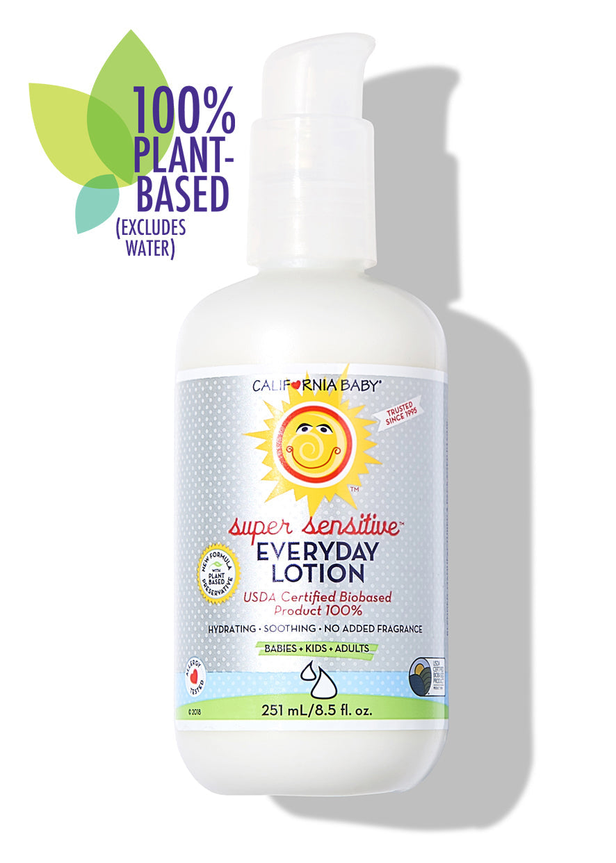 Bottle of California Baby - (No Fragrance) Super Sensitive™ Everyday Lotion with a pump dispenser, highlighting 100% plant-based formula for babies, kids, and adults.