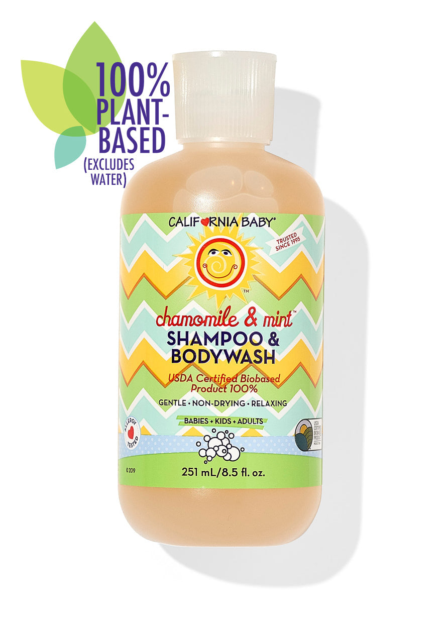 California Baby - Chamomile & Mint™ Shampoo & Bodywash bottle with colorful zigzag label, promoting gentle, plant-based baby and kid-friendly bath care in soft pastel hues.