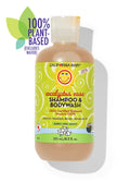California Baby - Eucalyptus Ease™ Shampoo & Bodywash bottle with bright green label featuring a smiling sun, highlighting 100% plant-based ingredients and soothing formula for babies, kids, and adults.