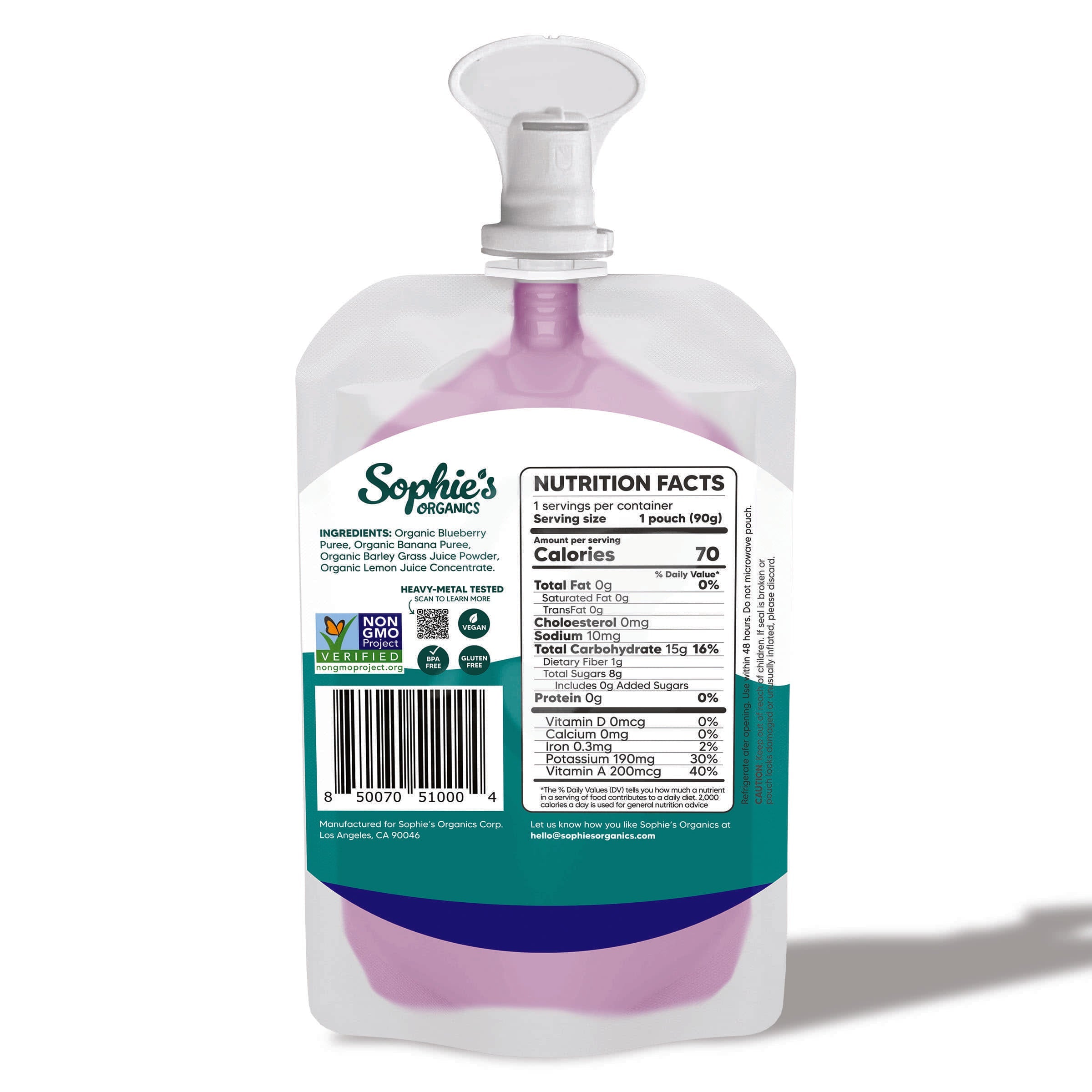 Back view of Sophie's Organics - Cool (6 Pack) baby food pouch showing nutrition facts and ingredient details on a white background, designed for stylish kids clothing boutique shoppers.