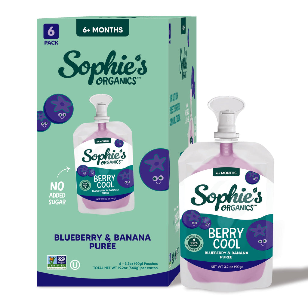 Sophie's Organics - Cool (6 Pack) featuring blueberry and banana purée in soft squeeze pouches for babies 6 months and older, perfect for cozy baby essentials and mom life essentials.