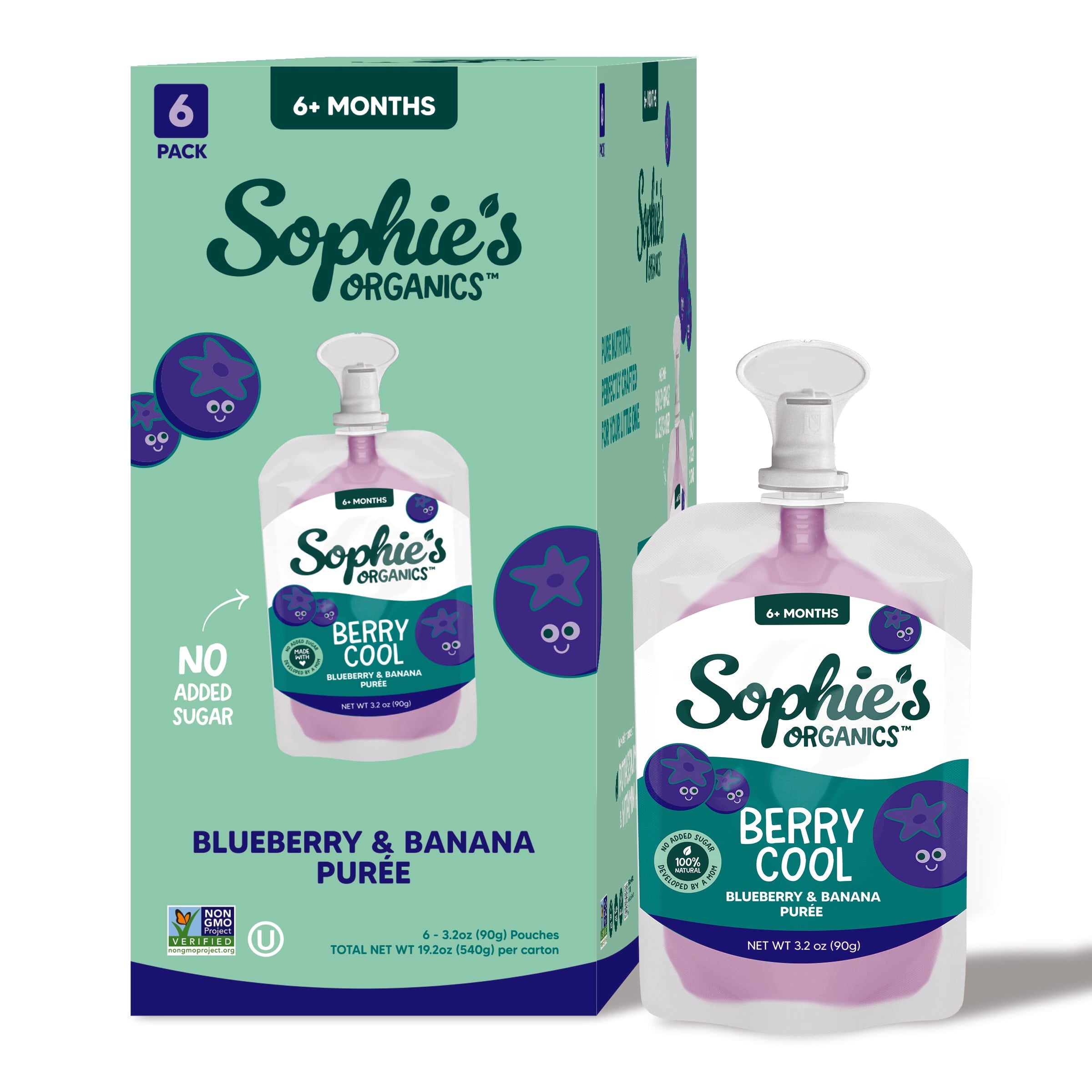 Sophie's Organics - Cool (6 Pack) featuring blueberry and banana purée in soft squeeze pouches for babies 6 months and older, perfect for cozy baby essentials and mom life essentials.