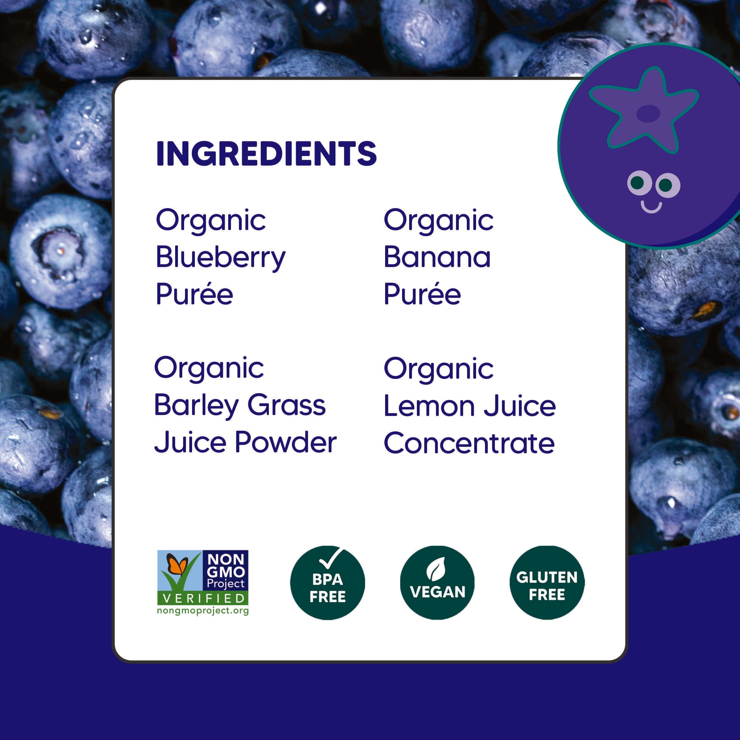 Ingredients list highlighting organic blueberry purée, organic banana purée, organic barley grass juice powder, and organic lemon juice concentrate for Sophie's Organics - Cool (6 Pack).
