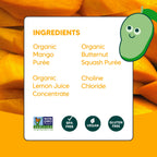 Ingredients list for Sophie's Organics - Mango To Tango (6-pack) featuring organic mango purée, organic butternut squash purée, organic lemon juice concentrate, and choline chloride, with vegan, gluten-free, BPA-free, and Non-GMO certifications.